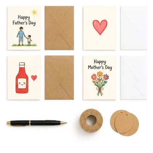 Greeting cards with envelopes, a pen, twine and gift tags laid out in a grid