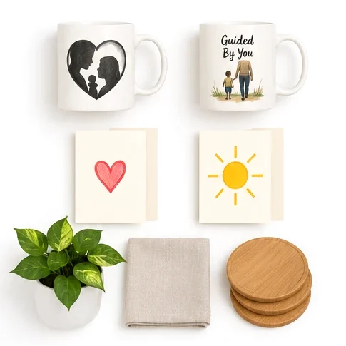 Two mugs, cards, a plant, a linen napkin and wooden coasters laid out in a grid