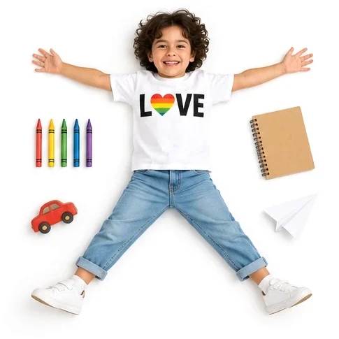 A child lying like a star in the Love tee, with crayons, a sketchbook and a toy car
