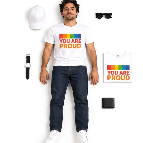 A man lying on a white floor in the You Are Proud tee, with a cap, sunglasses, watch and wallet laid out around him