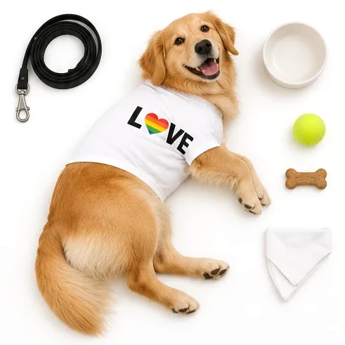 A golden retriever lying in a Love tee, with a leash, bowl, ball and treat