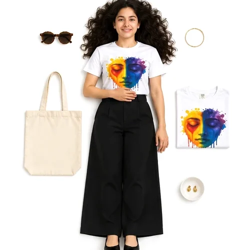 A woman lying on a white floor in the Colorful Emotion tee, with a tote, sunglasses and jewellery laid out around her