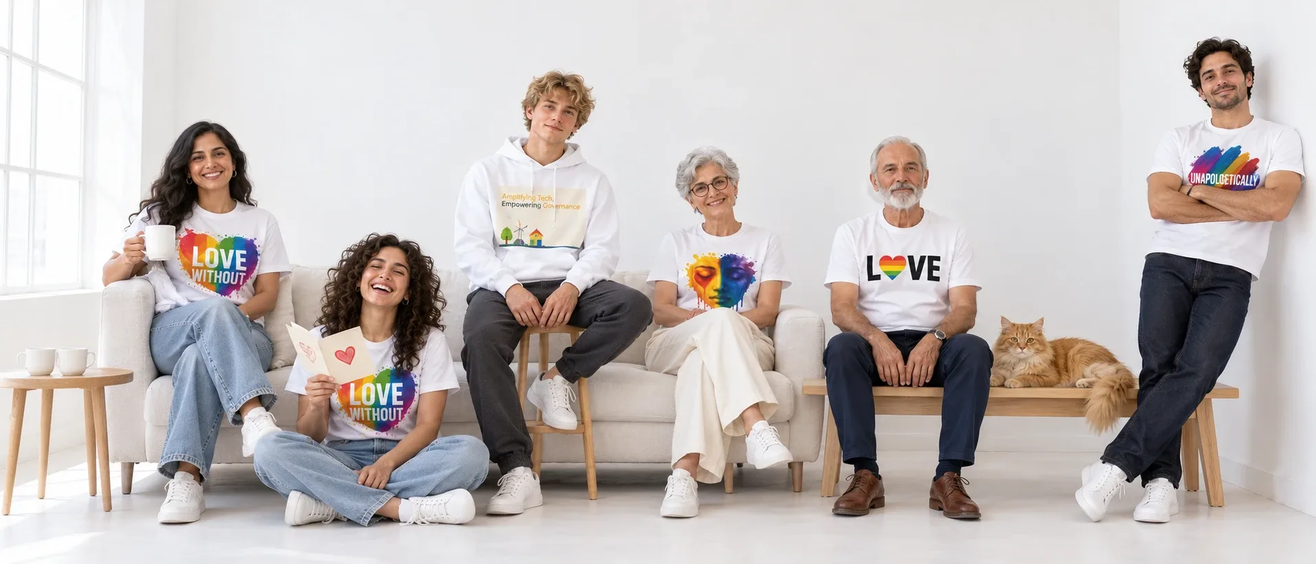 The Madmade AI influencers together in a white room: Priya with a mug, Noor laughing on the floor with a card, Kai on a stool in the hoodie, Eleanor on the sofa, Samuel on the bench beside Noodle the ginger cat, and Mateo leaning on the wall.
